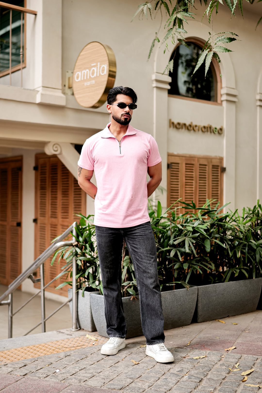 Light Pink Self Design Zipper T-Shirt
