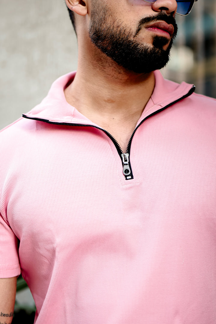 Light Pink Ribbed Zipper T-Shirt