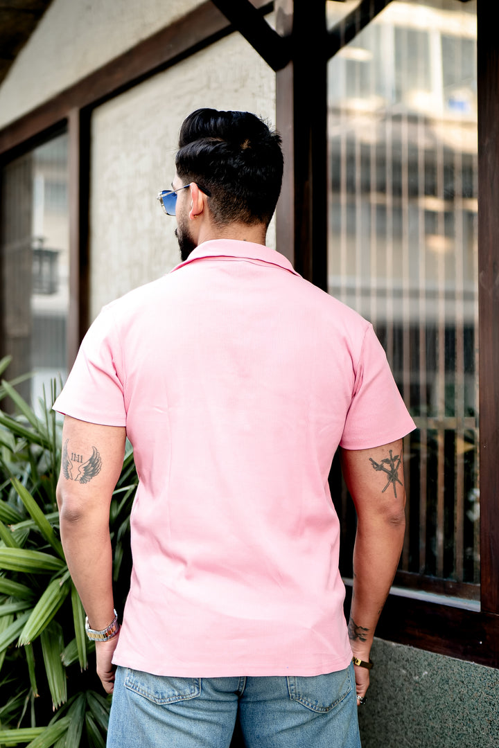 Light Pink Ribbed Zipper T-Shirt