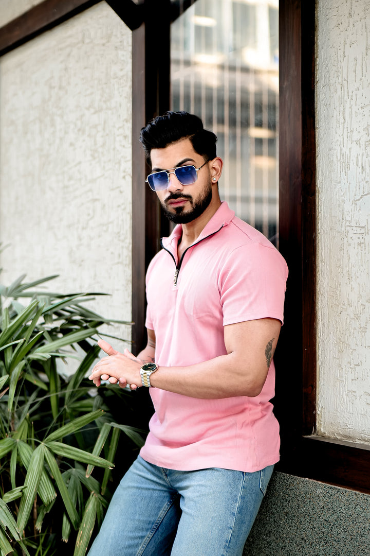 Light Pink Ribbed Zipper T-Shirt