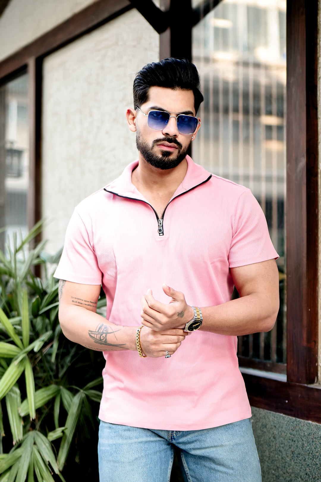 Light Pink Ribbed Zipper T-Shirt