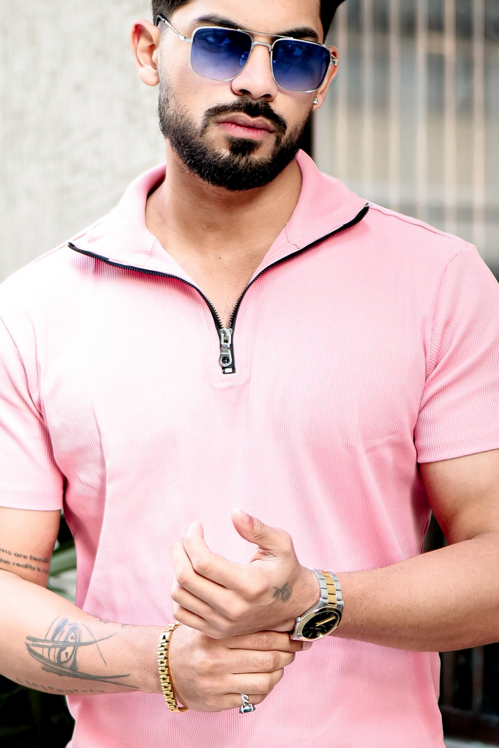 Light Pink Ribbed Zipper T-Shirt