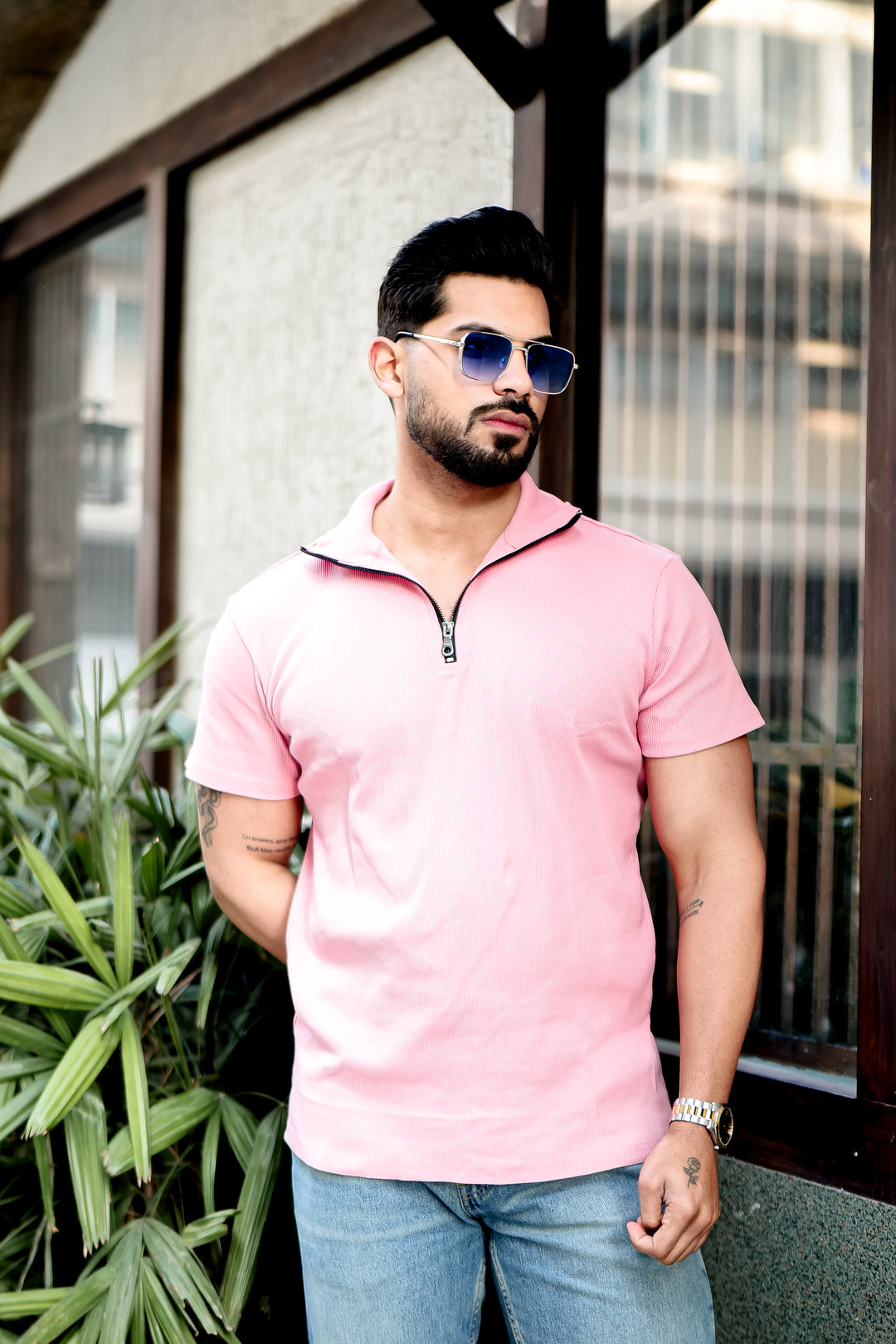 Light Pink Ribbed Zipper T-Shirt