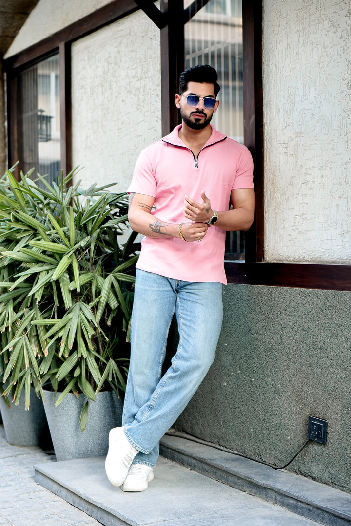 Light Pink Ribbed Zipper T-Shirt