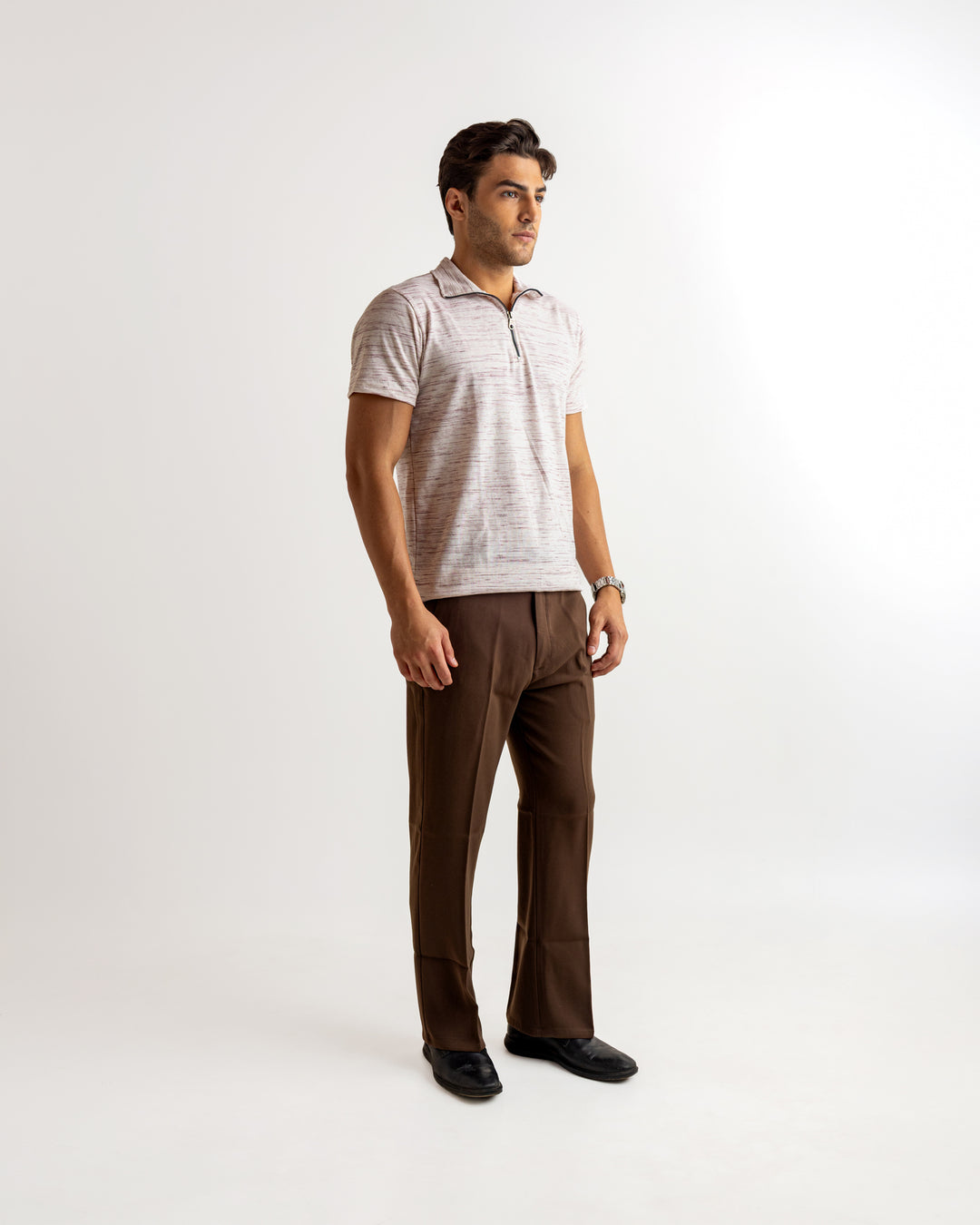 White Self Design Cotton Rib Zipper T-Shirt