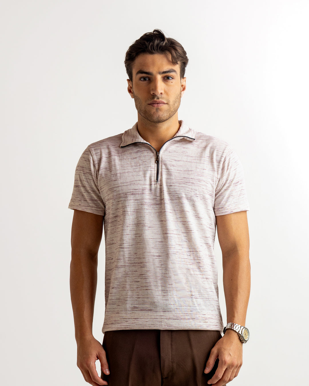 White Self Design Cotton Rib Zipper T-Shirt
