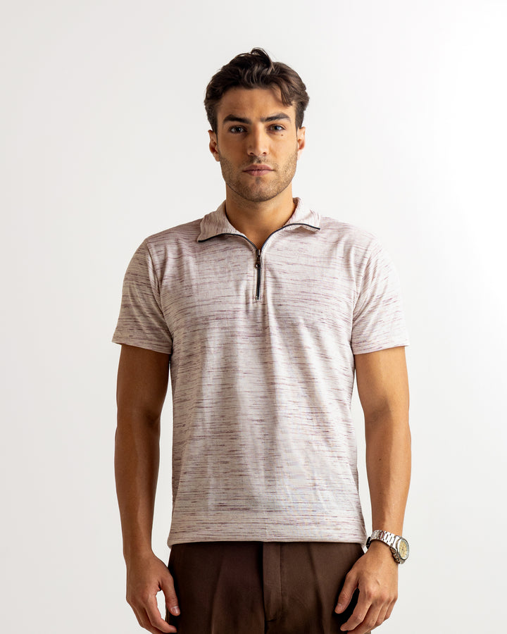 White Self Design Cotton Rib Zipper T-Shirt
