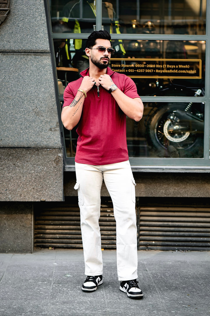 Maroon Drop Needle Zipper T-Shirt