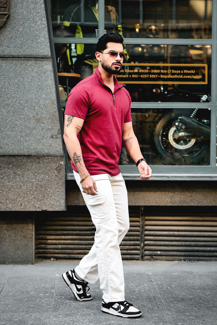 Maroon Drop Needle Zipper T-Shirt