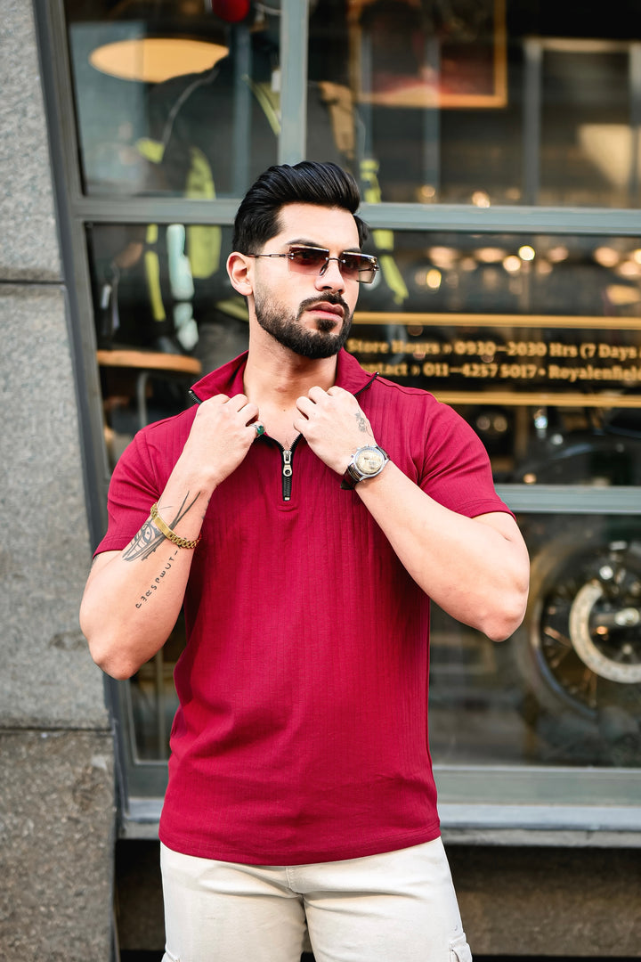Maroon Drop Needle Zipper T-Shirt
