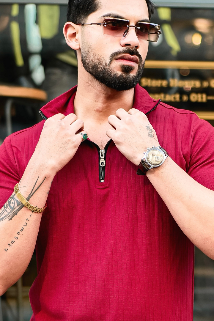Maroon Drop Needle Zipper T-Shirt