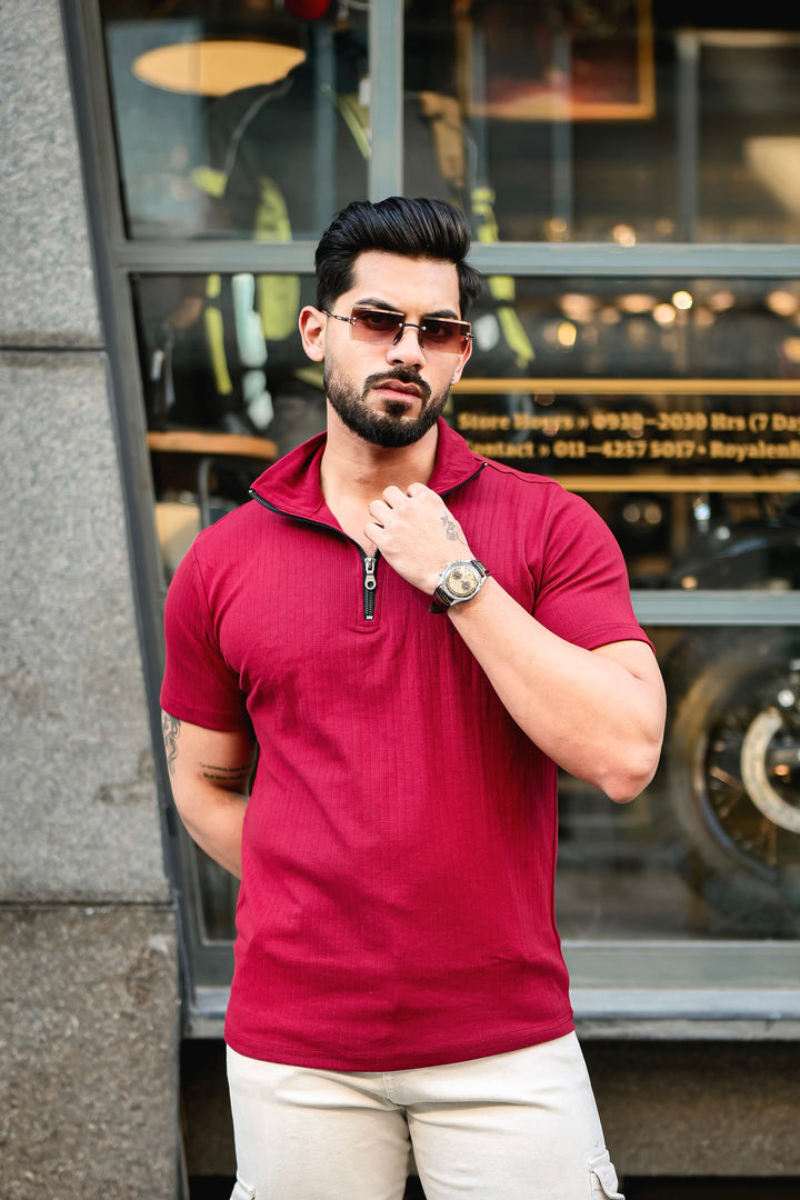 Maroon Drop Needle Zipper T-Shirt