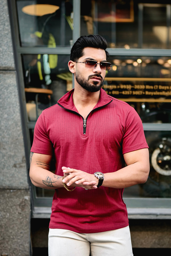 Maroon Drop Needle Zipper T-Shirt