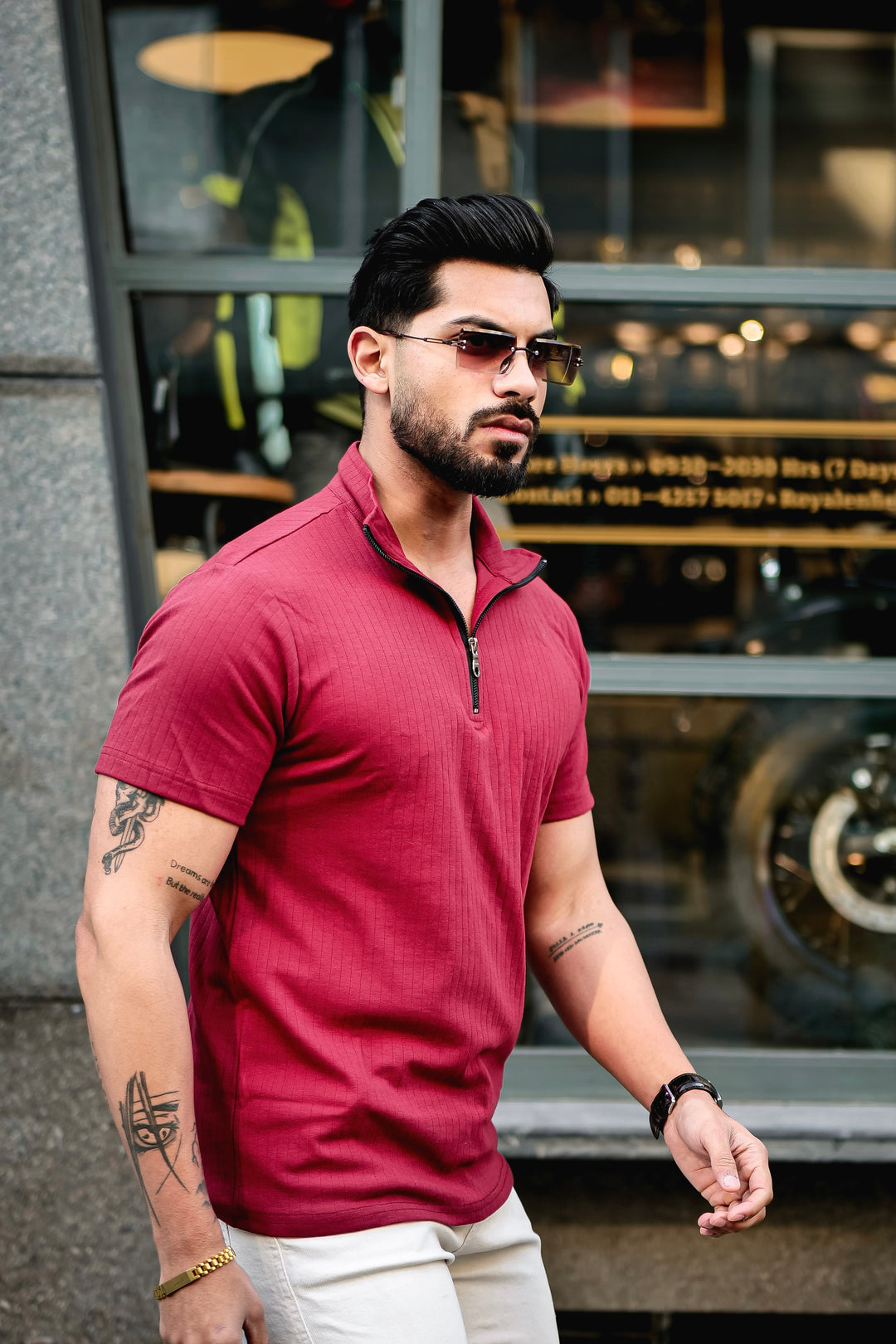 Maroon Drop Needle Zipper T-Shirt