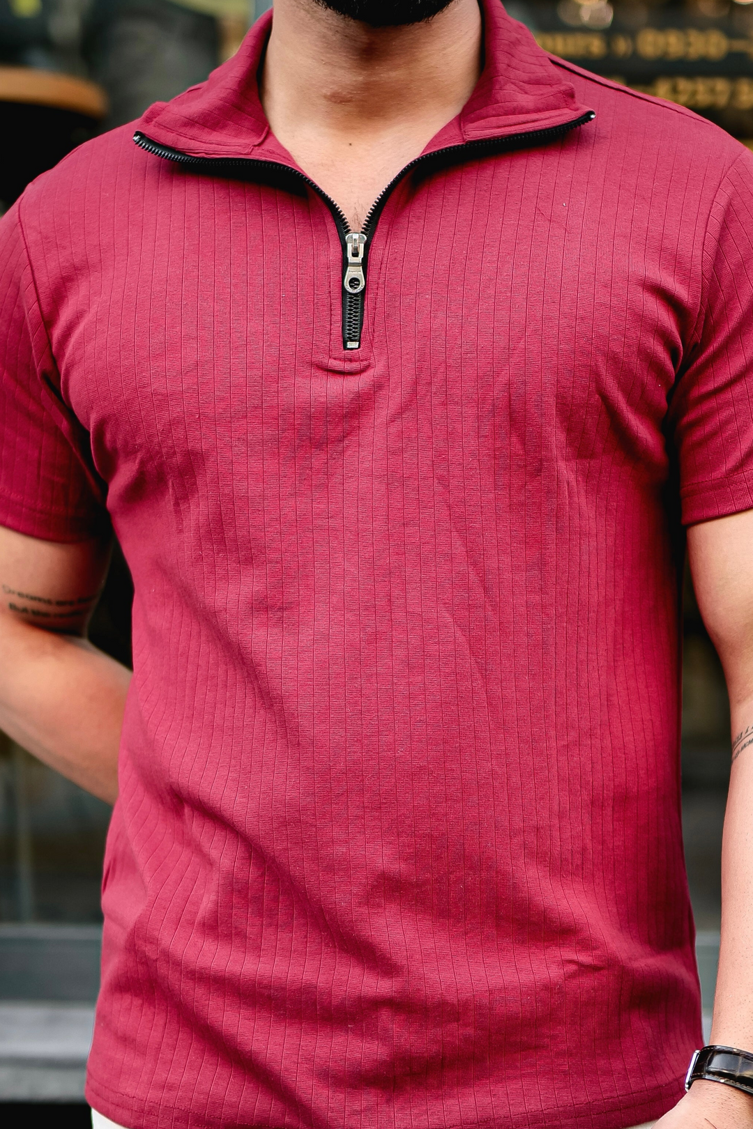 Maroon Drop Needle Zipper T-Shirt