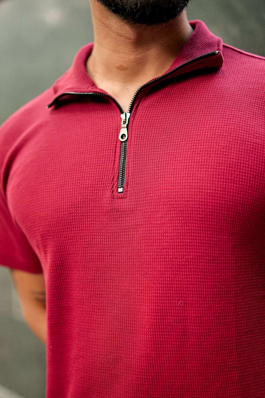Maroon Waffle Zipper T-Shirt