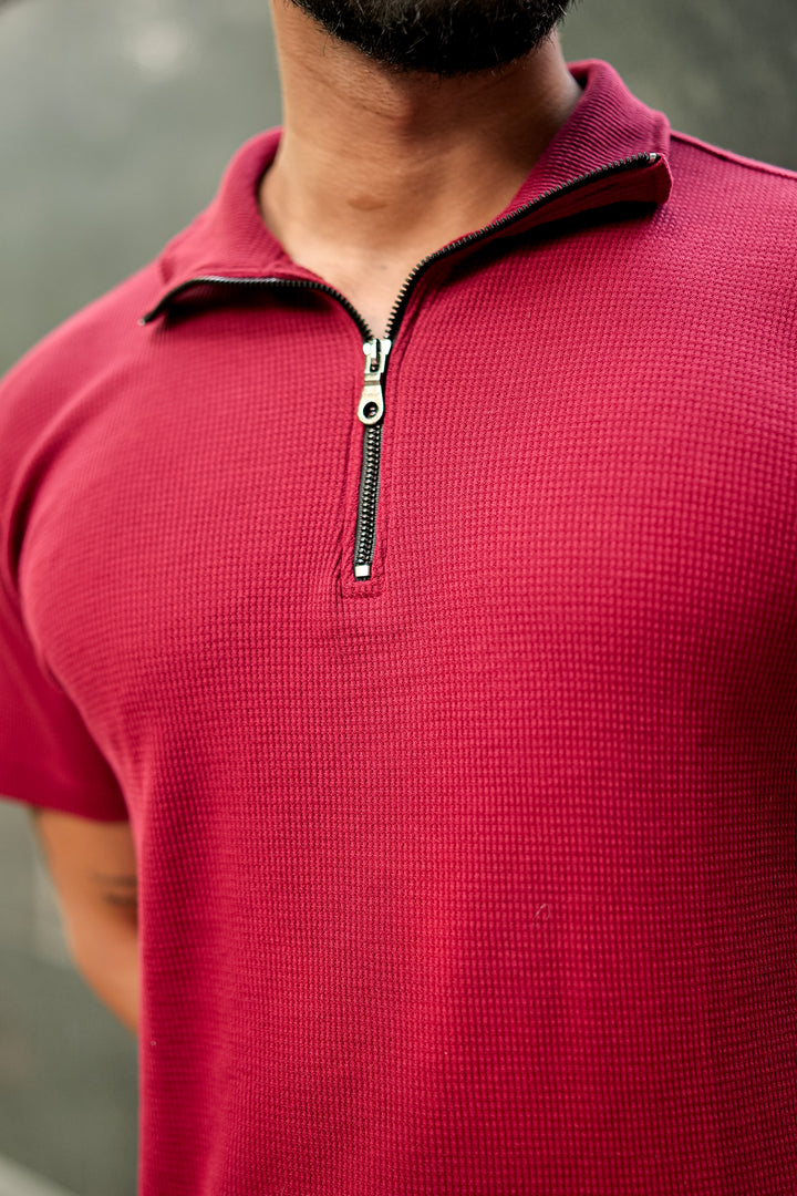 Maroon Waffle Zipper T-Shirt