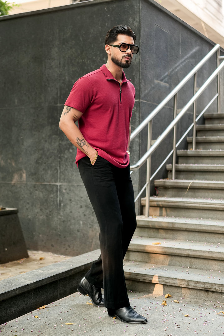 Maroon Waffle Zipper T-Shirt