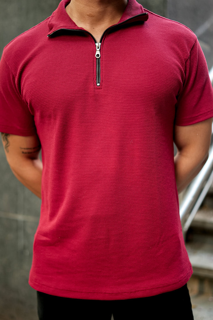 Maroon Waffle Zipper T-Shirt