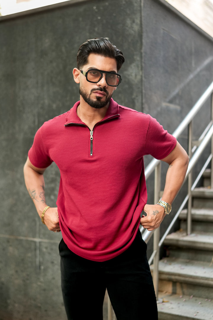 Maroon Waffle Zipper T-Shirt