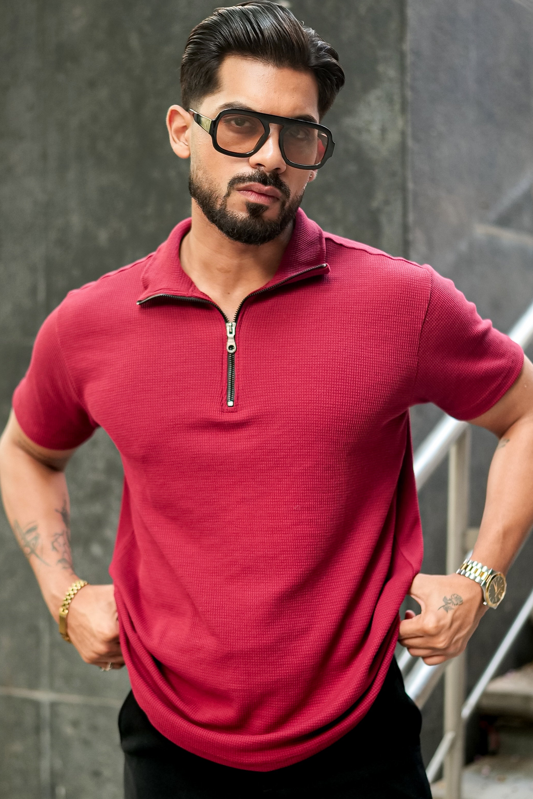 Maroon Waffle Zipper T-Shirt