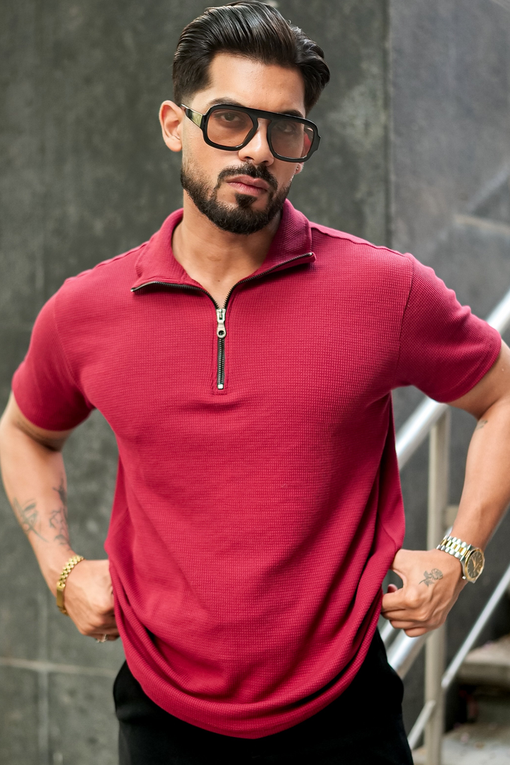 Maroon Waffle Zipper T-Shirt