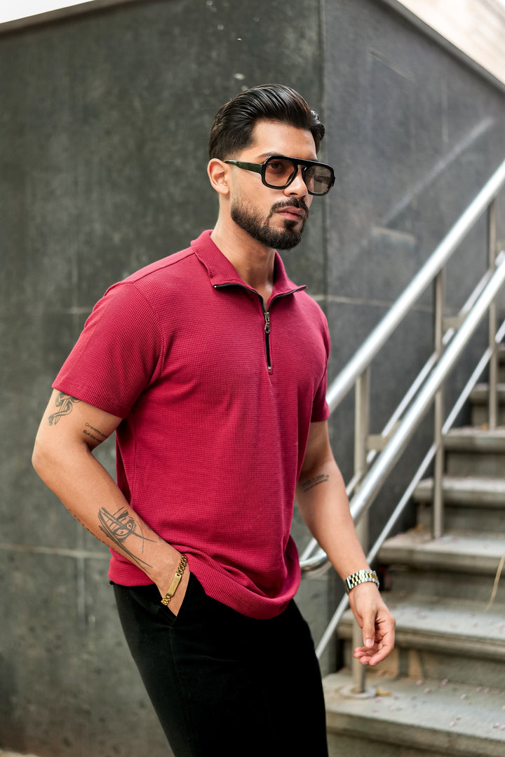 Maroon Waffle Zipper T-Shirt