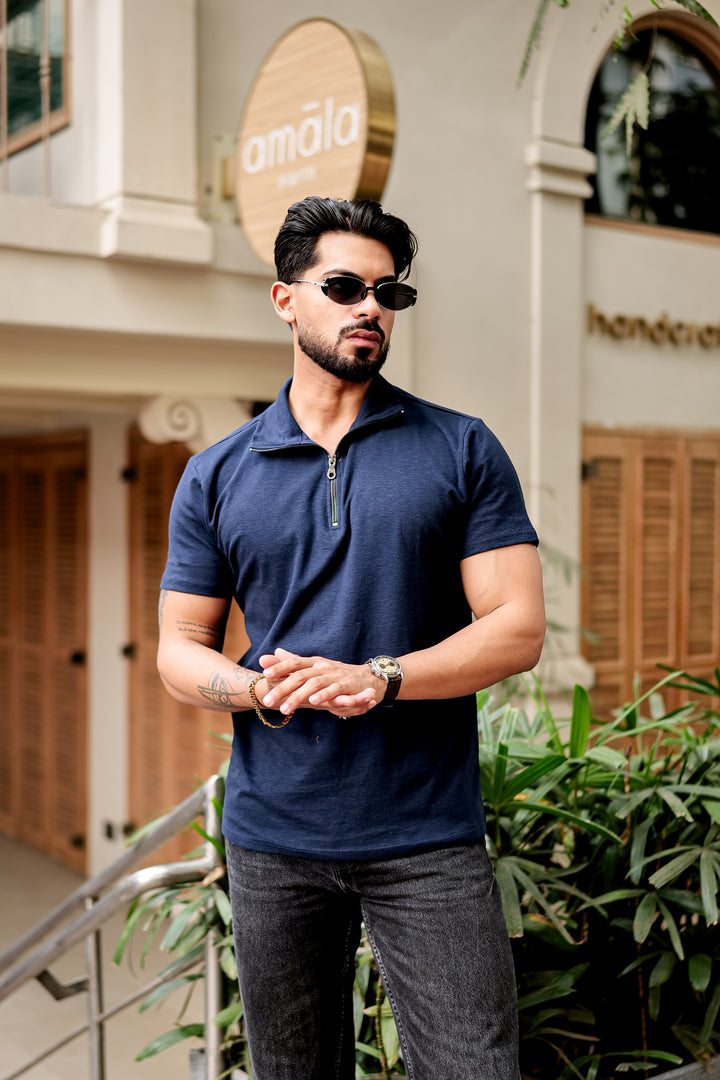 Navy Blue Self Design Zipper T-Shirt