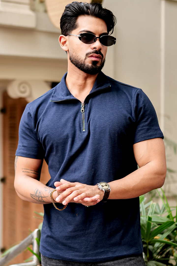 Navy Blue Self Design Zipper T-Shirt