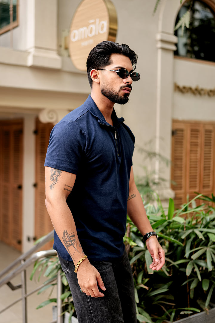 Navy Blue Self Design Zipper T-Shirt