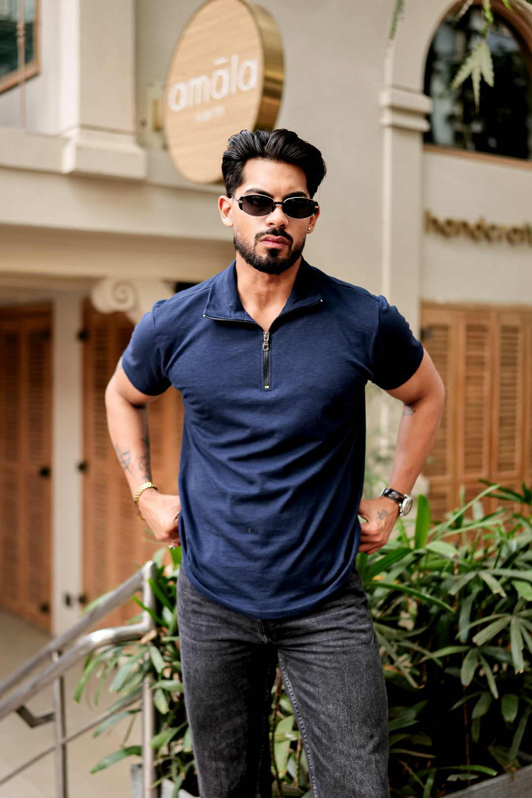 Navy Blue Self Design Zipper T-Shirt