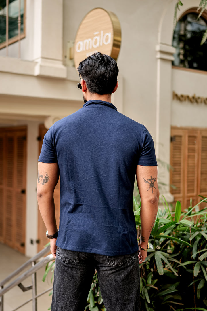 Navy Blue Self Design Zipper T-Shirt