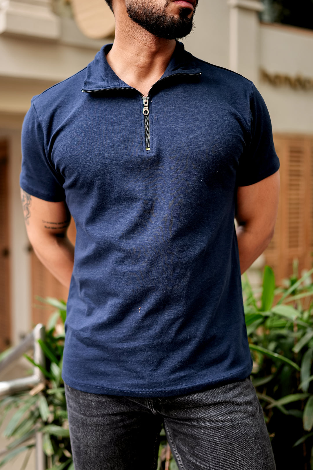 Navy Blue Self Design Zipper T-Shirt