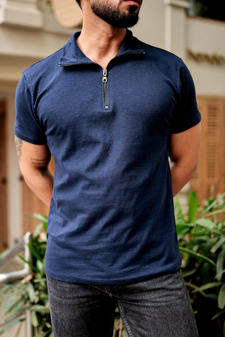 Navy Blue Self Design Zipper T-Shirt