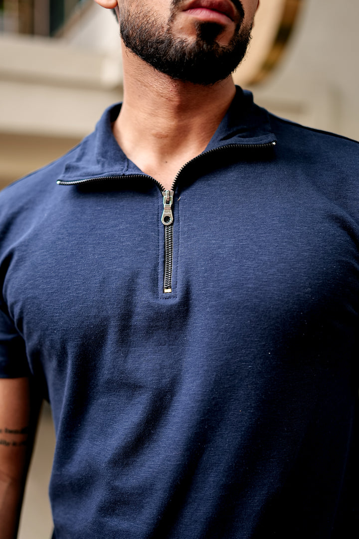Navy Blue Self Design Zipper T-Shirt