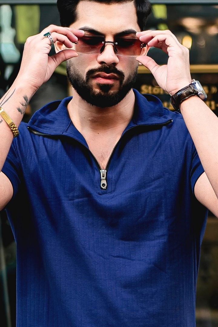 Navy Self Design Drop Needle Zipper T-Shirt