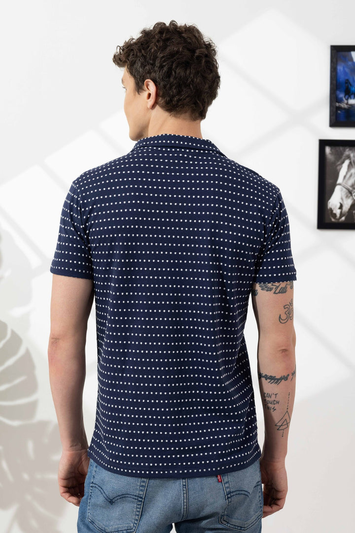 Navy Blue Self Design Cotton Zipper T-Shirt