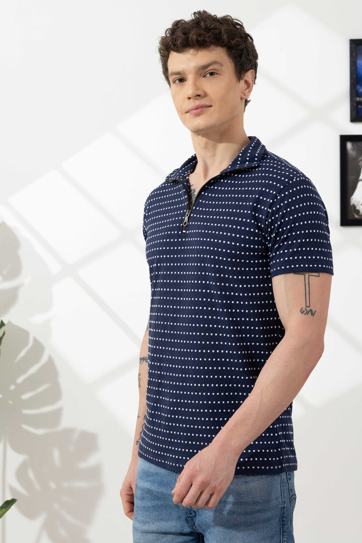 Navy Blue Self Design Cotton Zipper T-Shirt