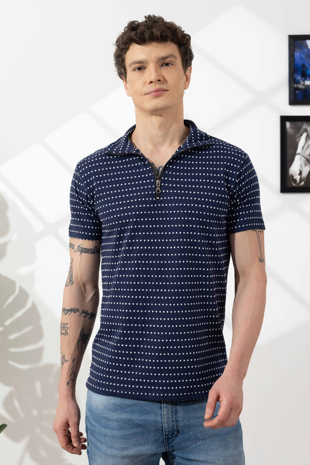 Navy Blue Self Design Cotton Zipper T-Shirt