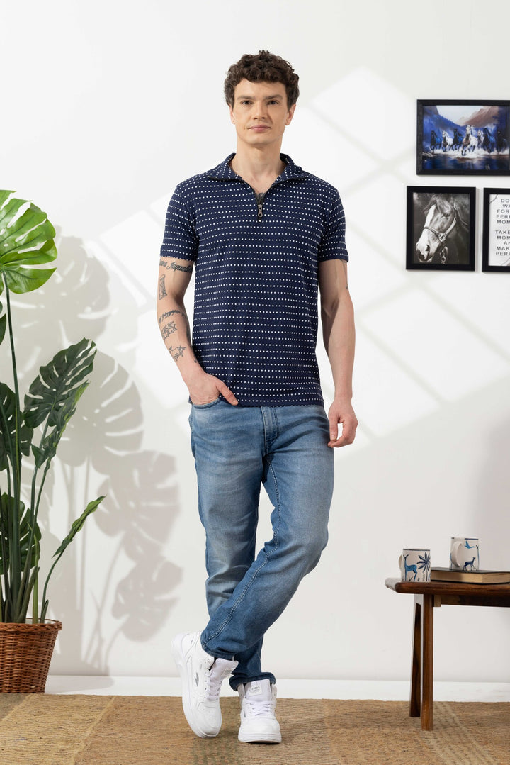 Navy Blue Self Design Cotton Zipper T-Shirt