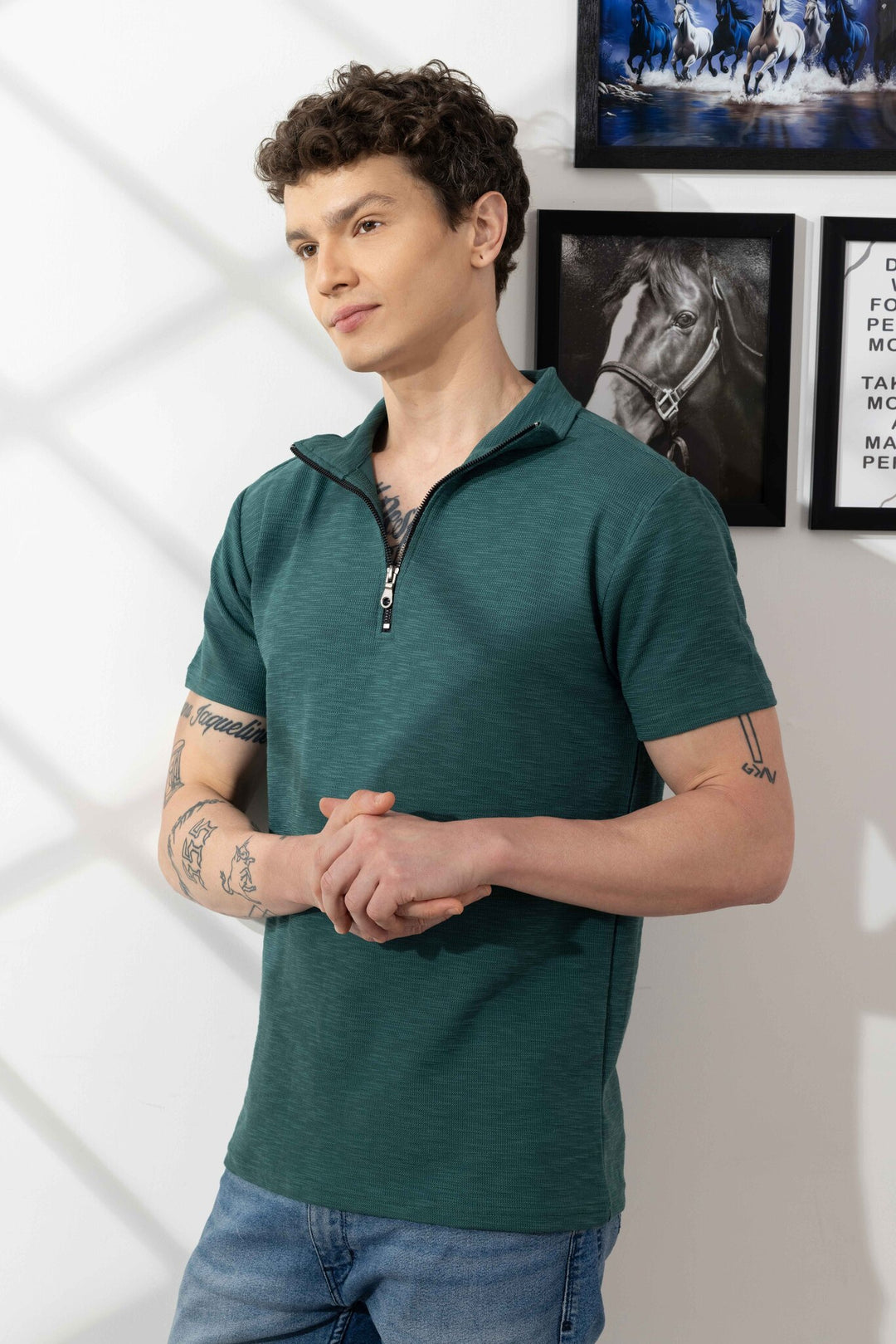 Green Self Design Cotton Zipper T-Shirt