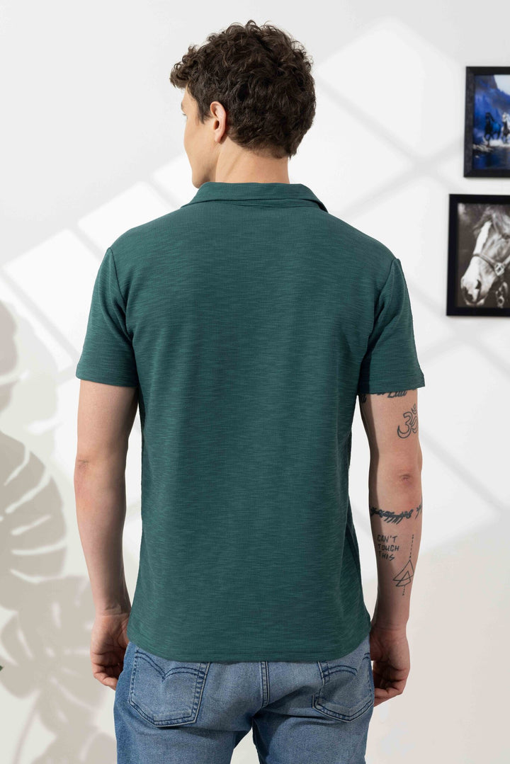 Green Self Design Cotton Zipper T-Shirt