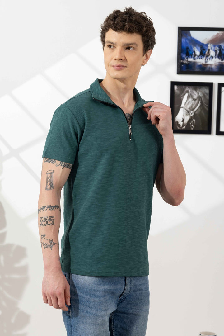 Green Self Design Cotton Zipper T-Shirt