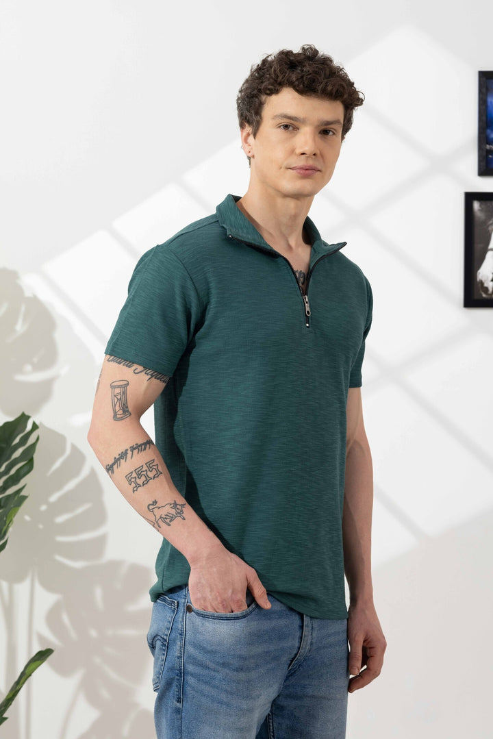 Green Self Design Cotton Zipper T-Shirt