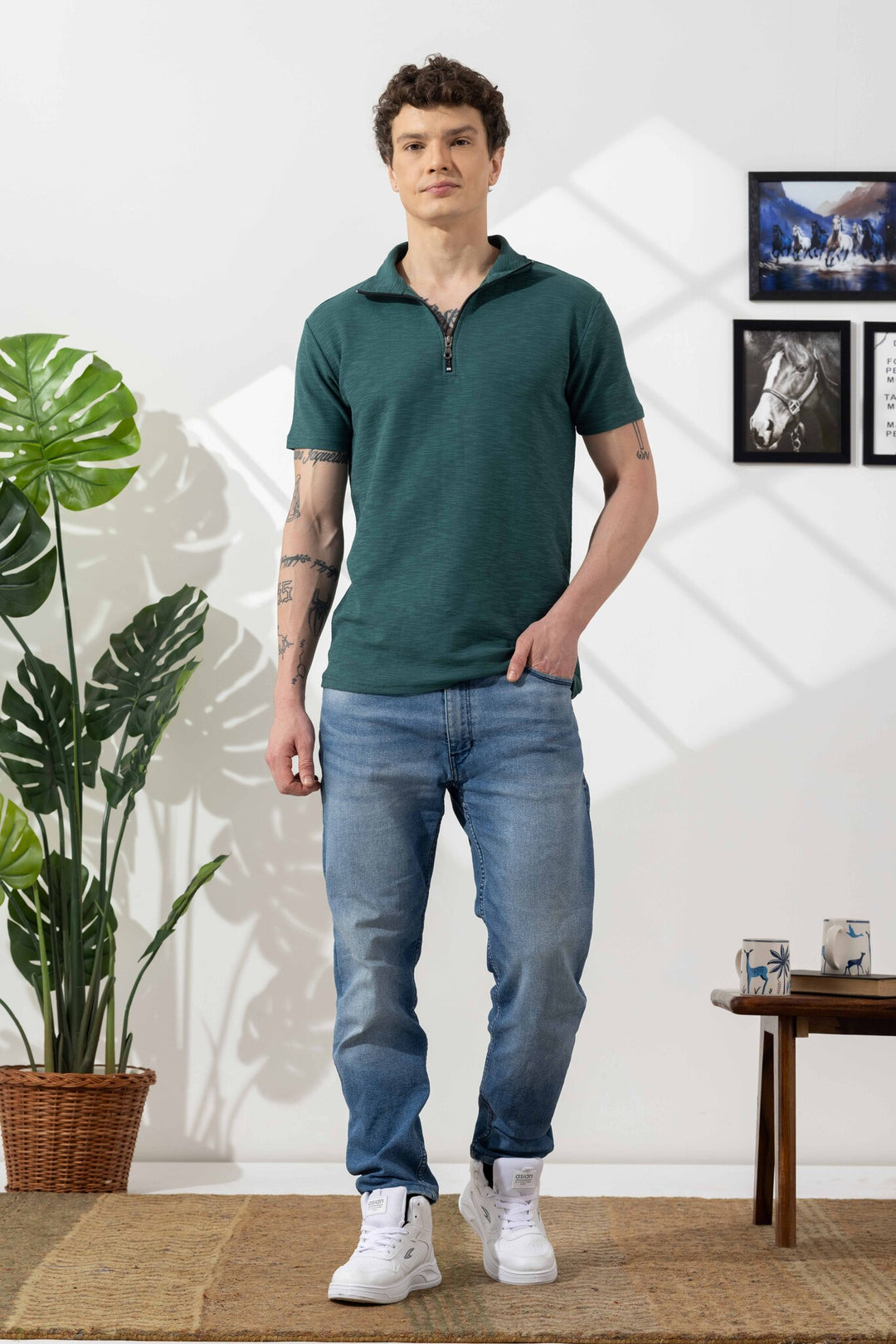 Green Self Design Cotton Zipper T-Shirt