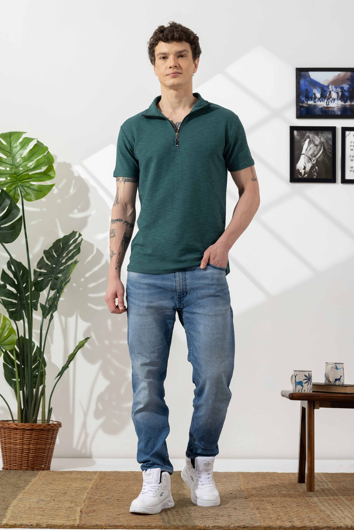Green Self Design Cotton Zipper T-Shirt
