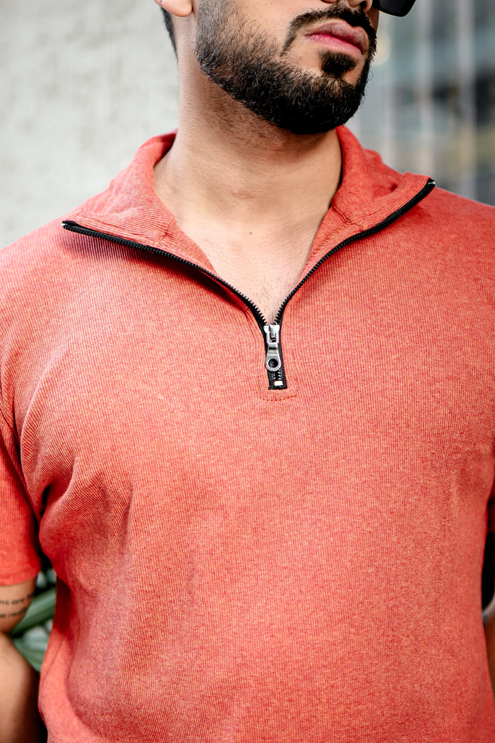 Orange Ribbed Zipper T-Shirt