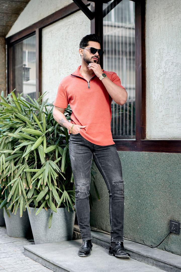 Orange Ribbed Zipper T-Shirt