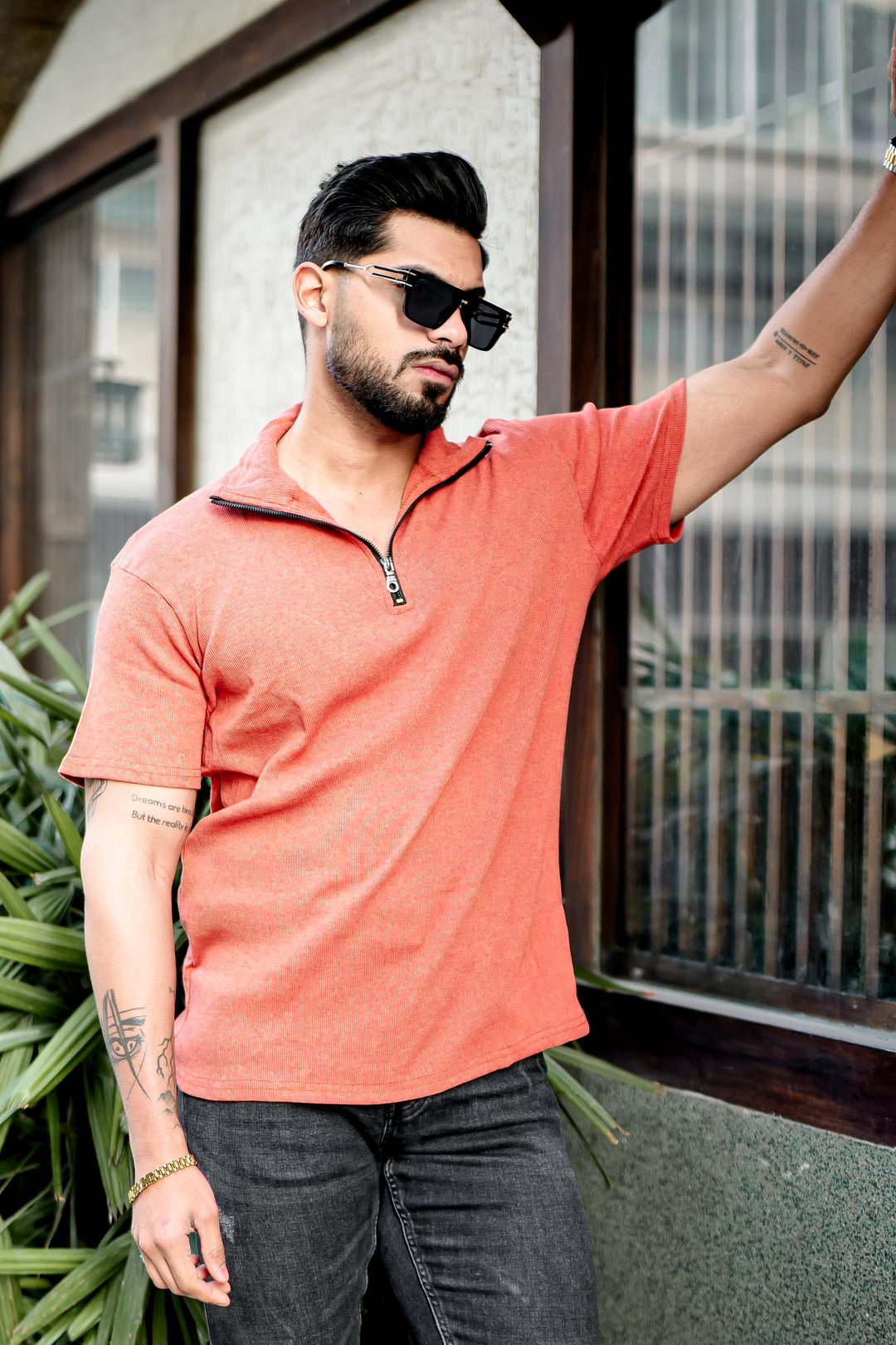 Orange Ribbed Zipper T-Shirt