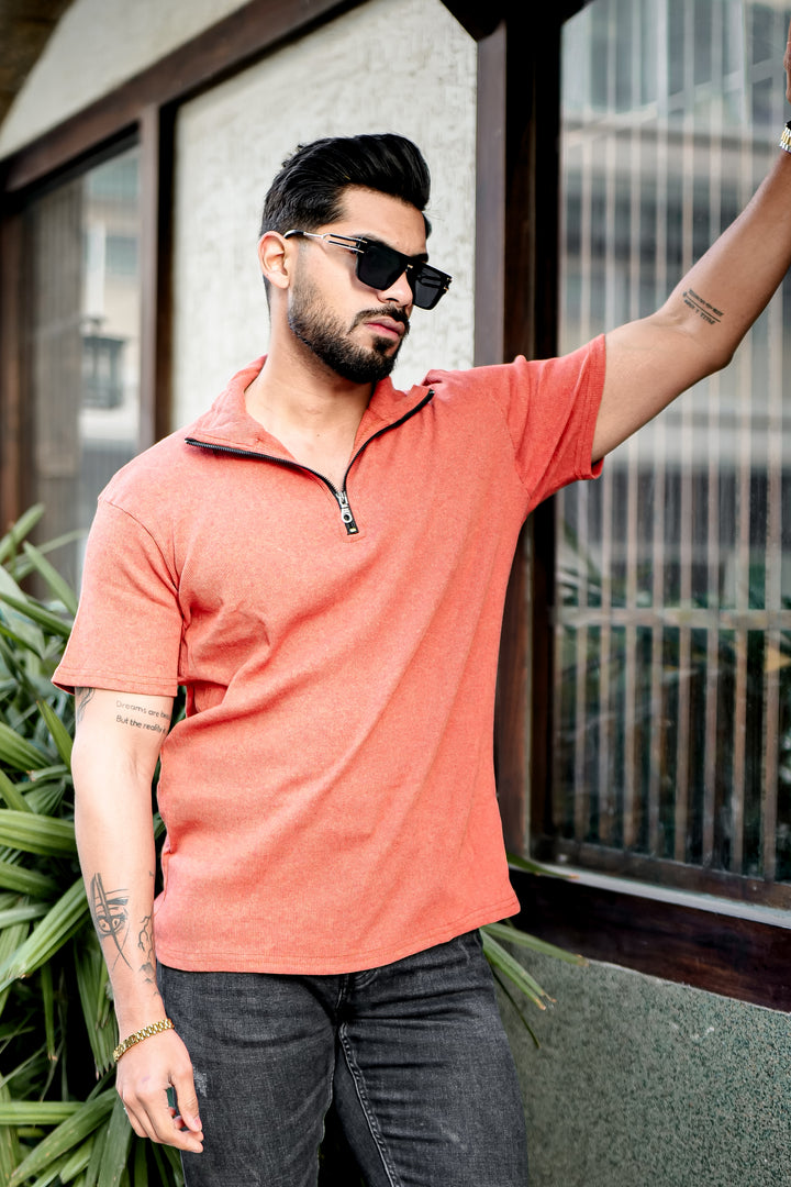 Orange Ribbed Zipper T-Shirt